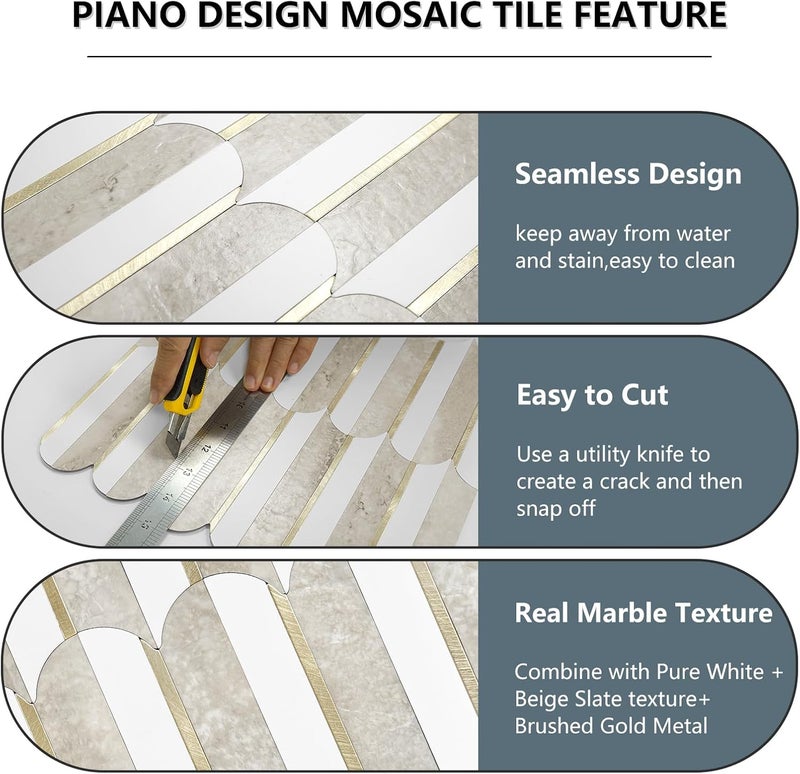 Vamos Tile Vamos Peel and Stick Backsplash Seamless Tile for Kitchen and Bathroom,White and Beige Slate PVC Mixed Light Gold Self Adhesive Fish Scale Metal Mosaic Tiles (10 Sheets) - Image 2